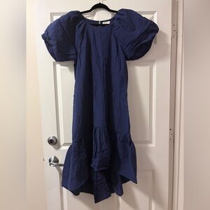 P. Cill Seersucker Navy High Low Puffsleeve Dress